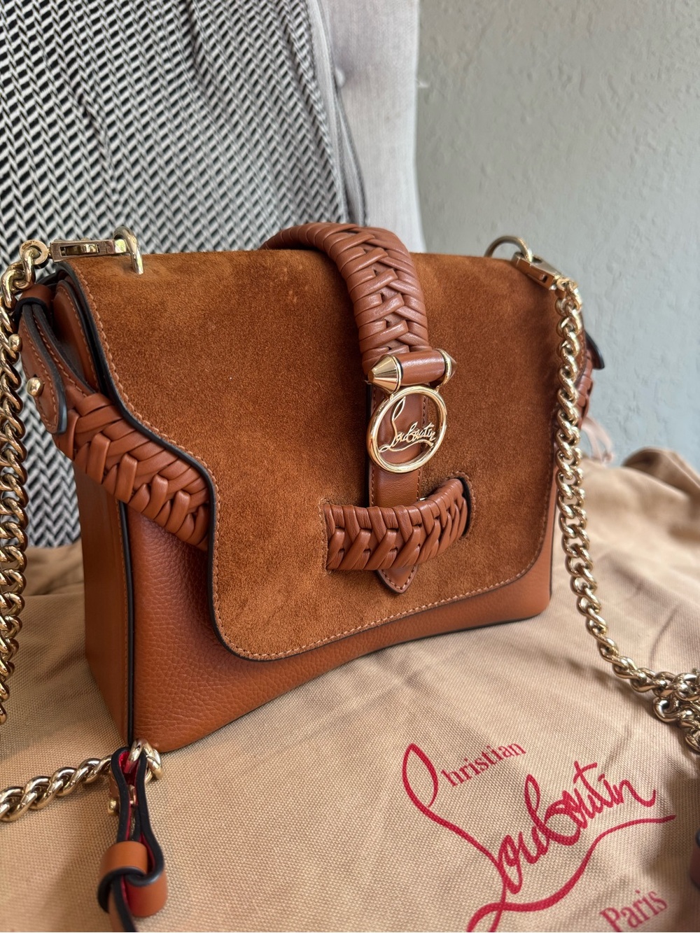 Christian Louboutin Cognac Suede Leather Braided Shoulder Bag with Gold Rubylou